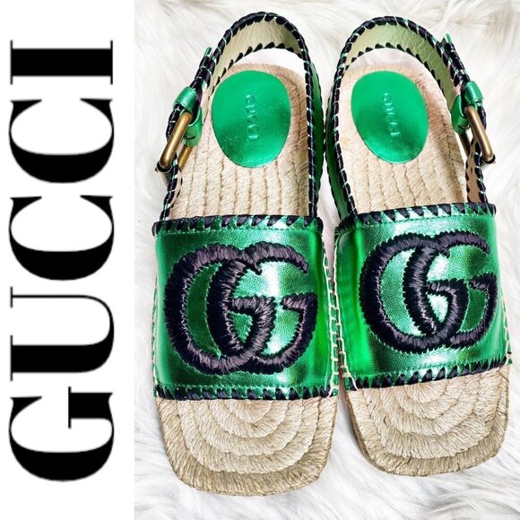 NWT GUCCI Nappa Silk Leather GG Logo Metallic Green Platform Espadrilles, 35 - Picture 2 of 14